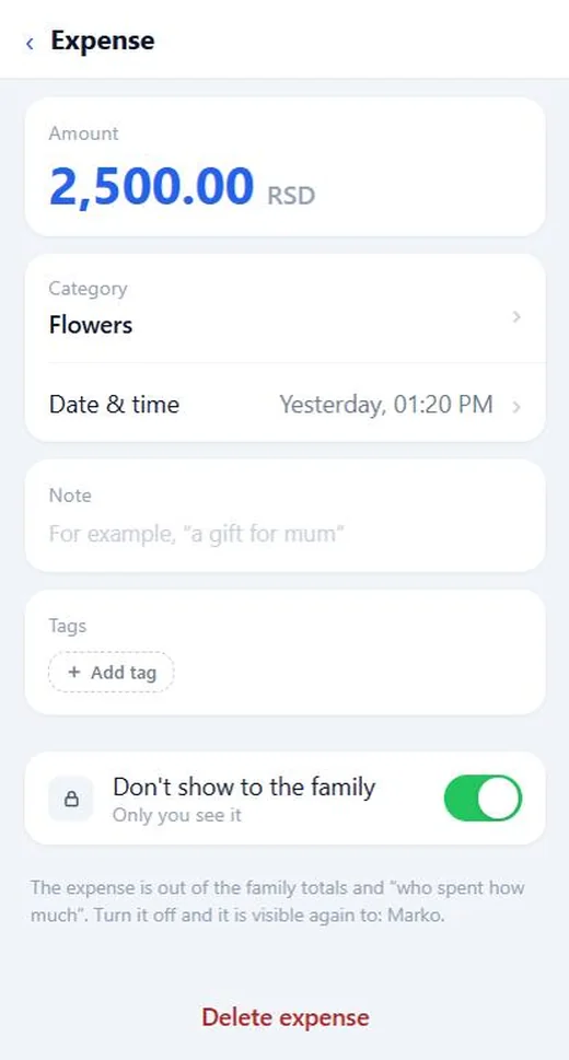 An expense page with “Don't show to the family” turned on