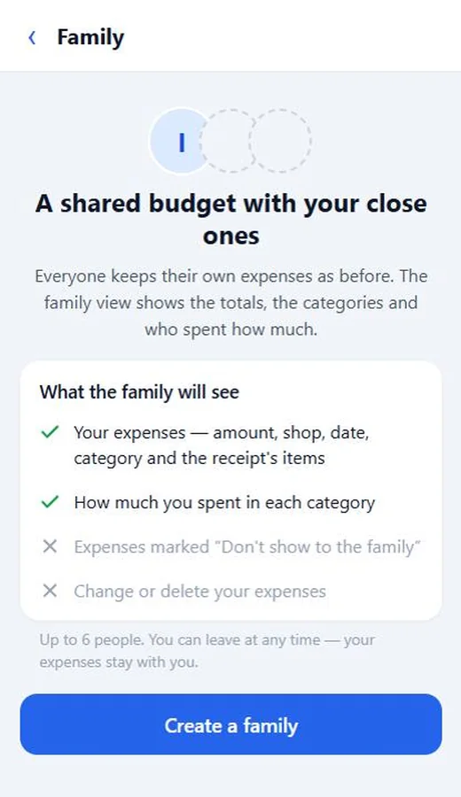 The “A shared budget with your close ones” screen with the Create a family button
