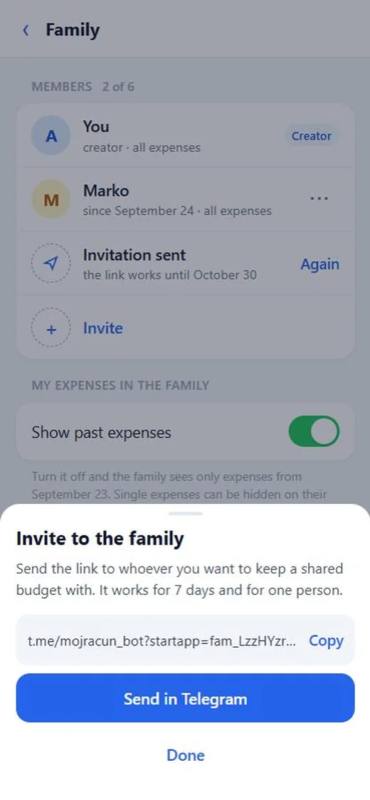 The “Invite to the family” sheet with the link and the Send in Telegram button