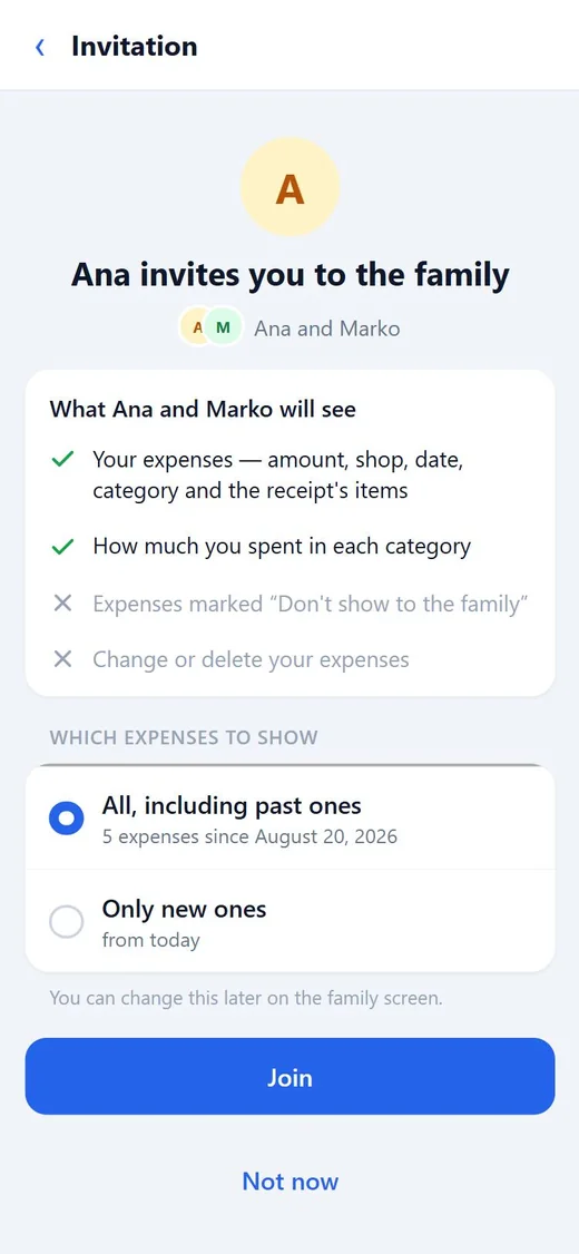 The invitation screen: which expenses to show and the Join button