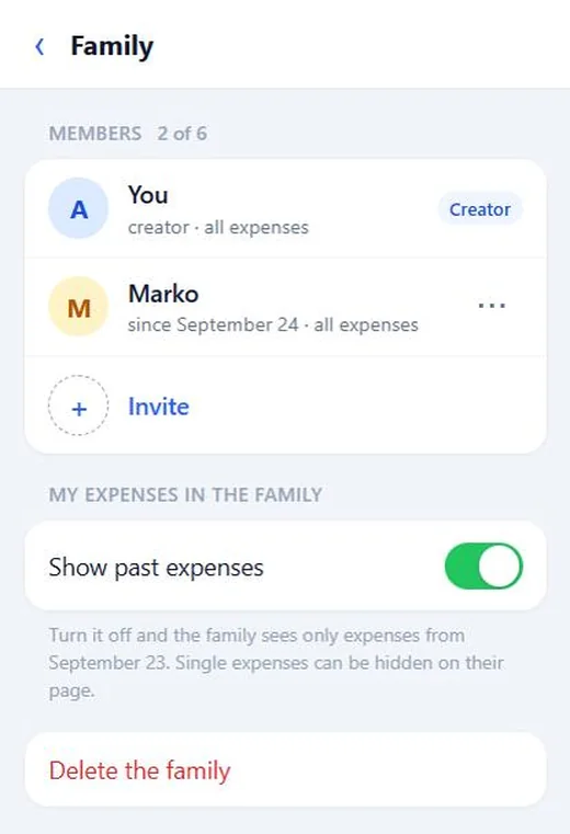 The family screen: members, invitation and Show past expenses