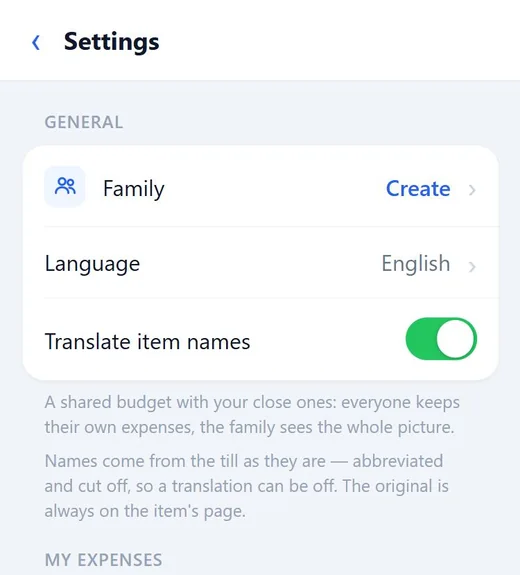 Moj Račun settings with the “Family — Create” row