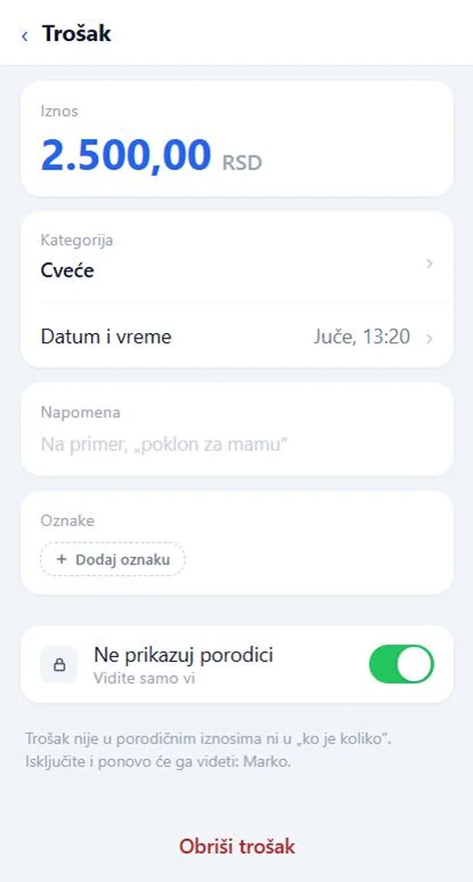 Stranica troška sa uključenim prekidačem „Ne prikazuj porodici“