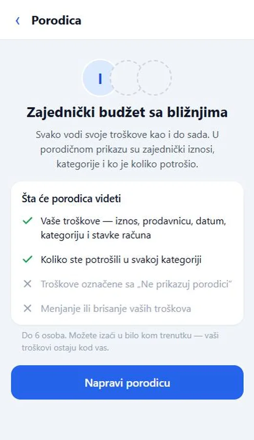 Ekran „Zajednički budžet sa bližnjima“ sa dugmetom „Napravi porodicu“