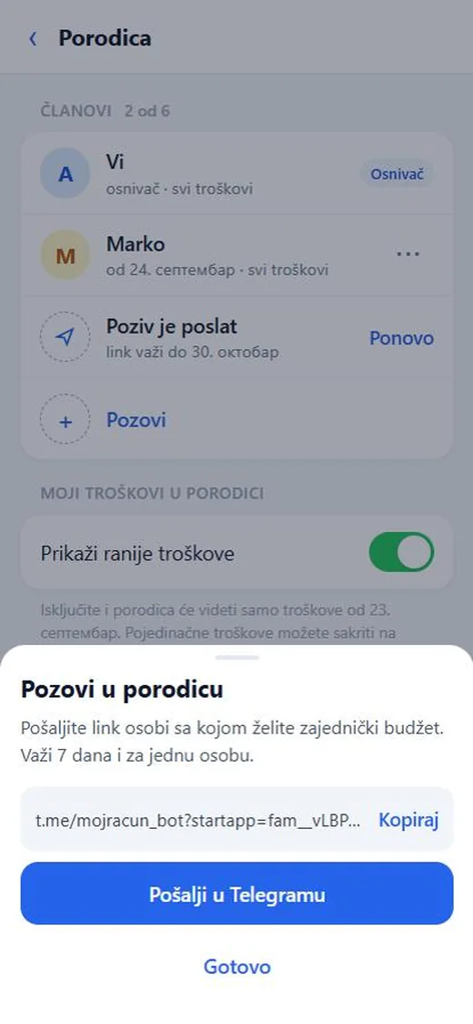 Prozor „Pozovi u porodicu“ sa linkom i dugmetom „Pošalji u Telegramu“