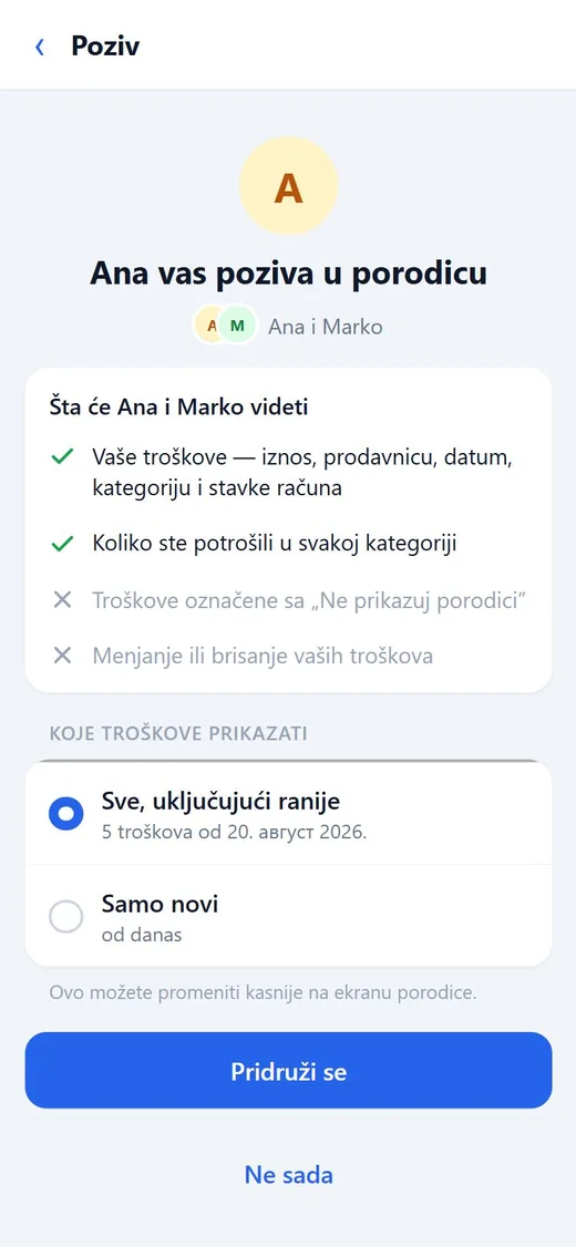 Ekran poziva: koje troškove prikazati i dugme „Pridruži se“