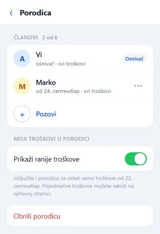 Ekran porodice: članovi, poziv i „Prikaži ranije troškove“