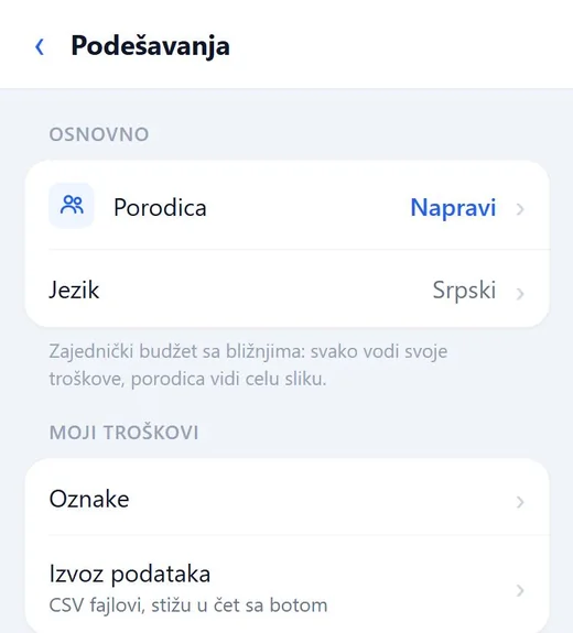 Podešavanja Moj Račun sa stavkom „Porodica — Napravi“